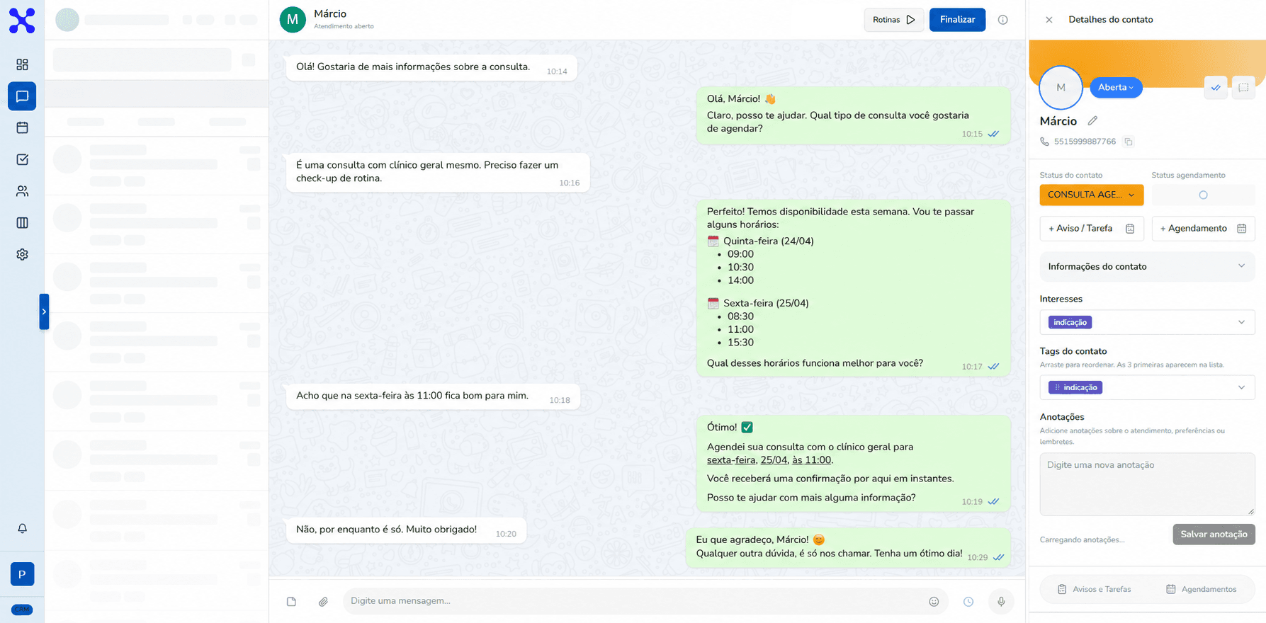 Tela de mensagens do CRM Neuronz Clinic